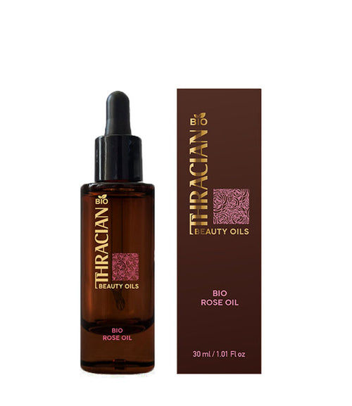 Thracian Bio Organic Beauty Bulgarian steam-distilled Rosa Damascena rose oil in a bottle and box front