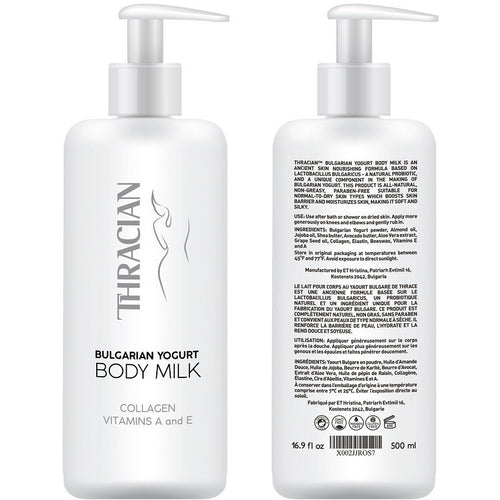Thracian Bulgarian Yogurt Natural Moisturizing Body Milk with Essential Oils, Collagen, Vitamins E & A, Extra Soothing Lotion for Sensitive and Dry Skin, Non-Greasy Paraben-Free, 500 ml, 16.9 Fl Oz